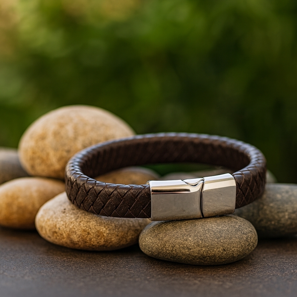 Brown Braided Bracelet with Silver Clasp. 21cm